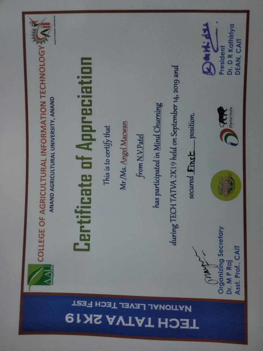 im_MacAngel's tweet photo. Came in 1st at Mind Churning (#quiz)
And 2nd in #CODE WARS at National Level Tech Fest #TECHTATVA at Anand agriculture college
#aau https://t.co/xYl8cDt8wG