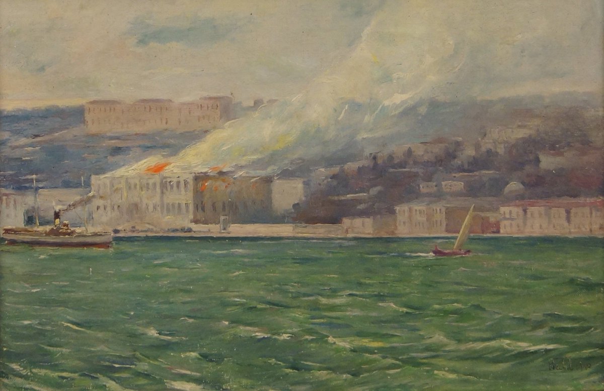 Çıragan Palace Fire, Halil Pasha, 1910Ressam Halil Paşa'nın 'Çırağan Yangını' tablosu, sarayın yandığı 1910 senesinden