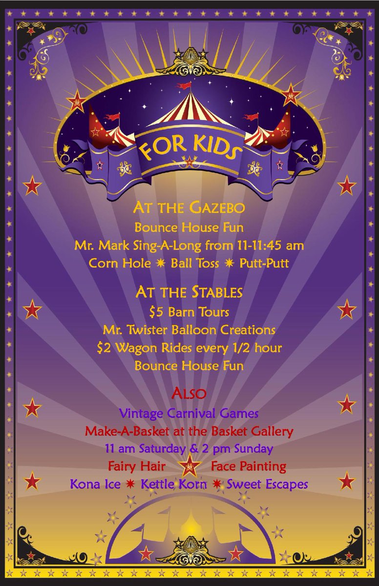 Let the kids go a little
wild and free, while you kick back with family, friends and neighbors at our Harvest Festival today &amp; tomorrow. The $5 entry fee includes vintage carnival &amp; lawn games, Mr. Twister, &amp; a sing-a-long with The Broccoli Brothers! conta.cc/30glT10