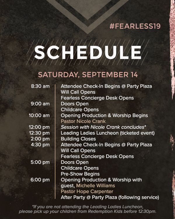 myredemptioncc's tweet photo. Get ready for an incredible lineup today!! We have @NicoleCrank in the morning session and our very own @pastorhopec at the evening session. This is one day you do not want to miss!!! #fearless19 #womensconference2019 https://t.co/x8wzYDKkwA