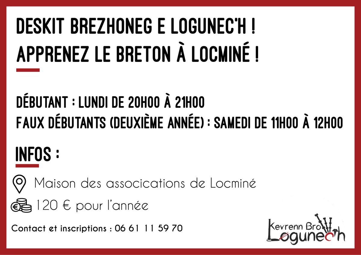 Depuis l'année dernière, le bagad propose des cours de breton ;) Accessibles aux débutants, les cours sont l'occasion pour tous de commencer le breton. Contact : 06 61 11 59 70 #breton #bzh #cours #bagad #Locminé