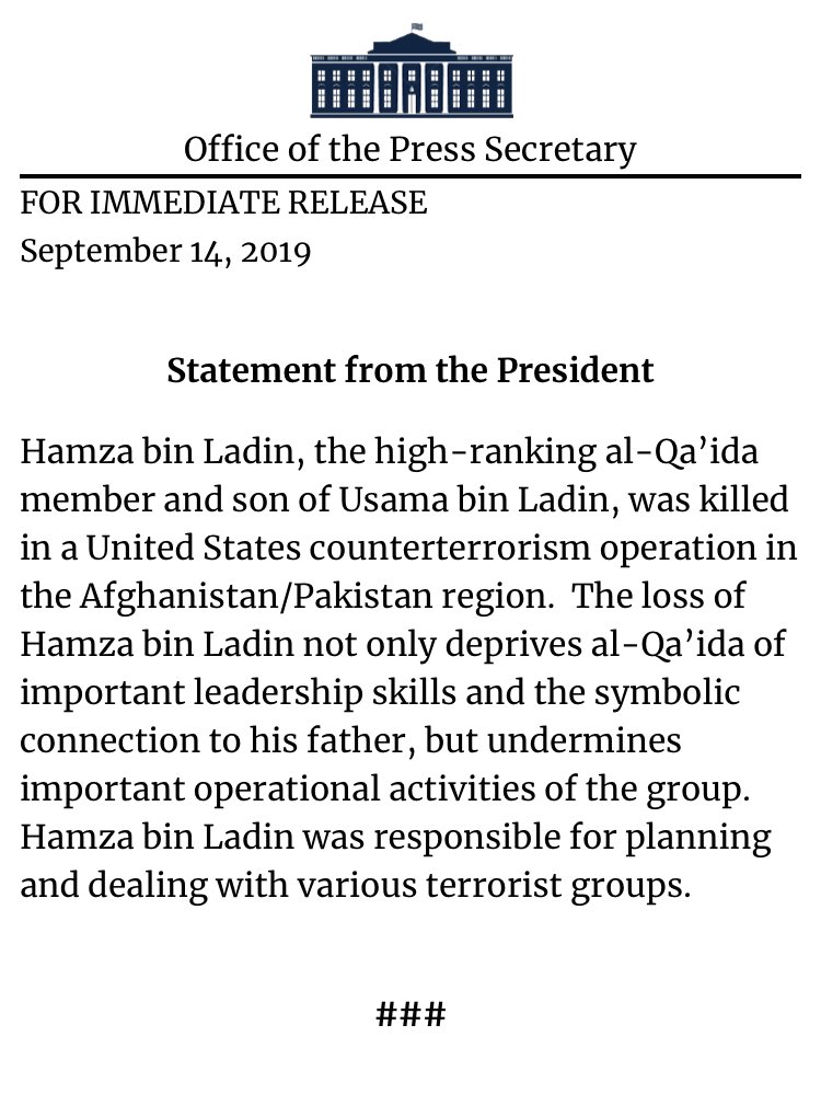 AndrewFeinberg's tweet image. INBOX: ⁦@realDonaldTrump⁩ confirms death of Hamza bin Ladin.
