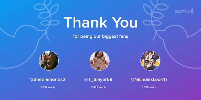 Our biggest fans this week: Shediamonds2, T_Slayer69, NicholasLeon17. Thank you! via https://t.co/MQbZ2Va1B6