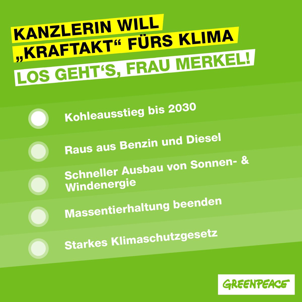 greenpeace_de's tweet image. Wir hätten da ein paar Vorschläge, wie der #Kraftakt fürs Klima gelingt, Frau #Merkel ! #Verkehrswende #kohleausstieg #issgutjetzt @CDU