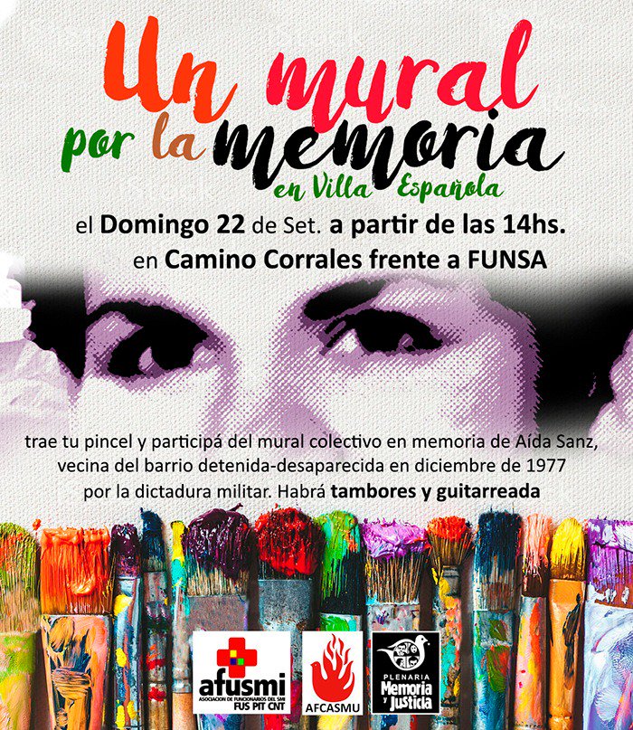 El domingo 22, los y las esperamos para pintar el mural en memoria de Aída Sanz. Trae tu pincel !!!