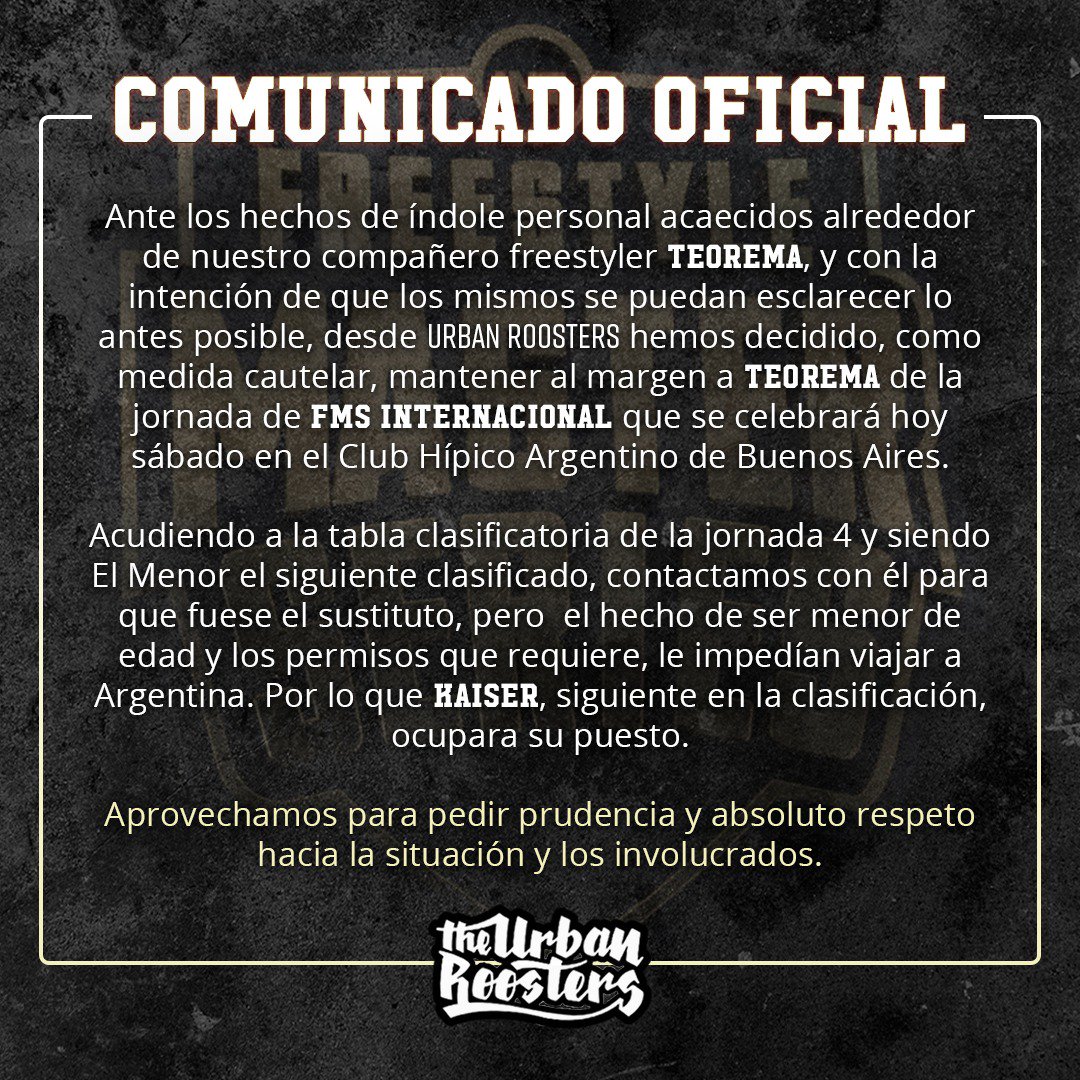 ¡Comunicado de Urban Roosters!

KAISER será el reemplazante de TEOREMA para la FMS Internacional

#FMSInternacional 🌎