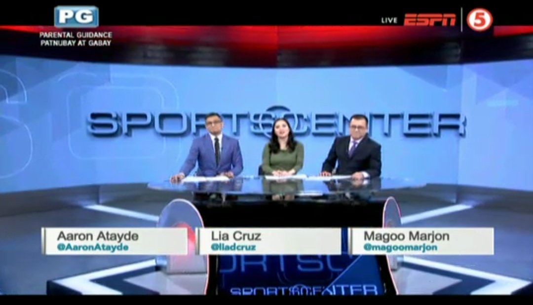 justbbangkyu's tweet photo. Triple the anchors, Triple the FUN!

Join @AaronAtayde, @liadcruz &amp; @magoomarjon on #SportsCenterPH, now LIVE on @TV5manila!

💻📱: https://t.co/4GjMYoegDU | #GetItOn5 https://t.co/43sqRhEW7Y