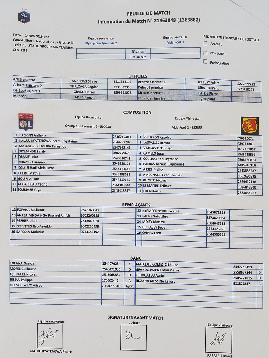 NanoClmnt's tweet photo. La feuille de match du derby de National2 entre la réserve de l'@OL Et @MDA_Foot. Cherki et Marçal dans le onze lyonnais, Boubacar Fofana sur le banc. #OLMDA #Football #National2 https://t.co/JXom6WD9hk