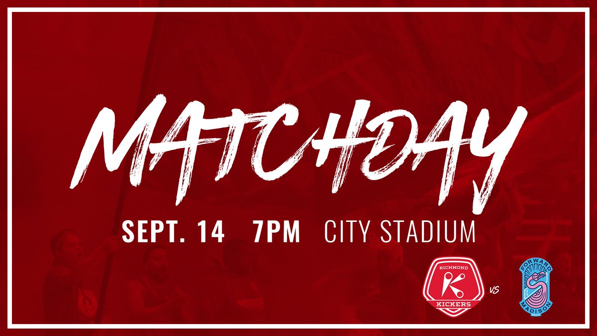 MATCHDAY IN #RVA! 

🎉 Heritage Night starts at 4:30 p.m.
🍺 Happy Hour (4:30-7 p.m. 😍)
🆚 <a href="/ForwardMSNFC/">Forward Madison FC</a> 

🏟<a href="/CityStadium_RVA/">City Stadium</a>

 ⏰ 7 p.m.
🎟 bit.ly/2lW5twj
💻 ESPN+ (but it's better at City Stadium)

#RVAisRed | #StandUpForRichmond | #RICvMAD