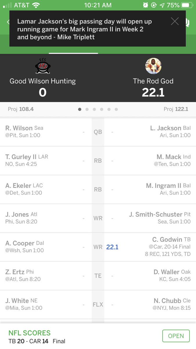 11CDAAC's tweet photo. Matchup of the week: The greaseball vs. the former greaseballs. 2 of week 1’s highest scorers battle for the potential to grab the division lead https://t.co/4Y14x8FMX2