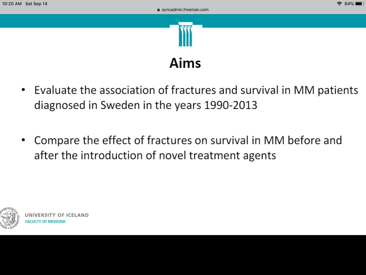 Fractures and Survival in Multiple Myeloma: Results from a Population-Based Study from Sigrun Thorsteinsdottir MD
Department of Internal Medicine, Landspitali - The National University Hospital of Iceland #Myeloma #IMS #IMW2019