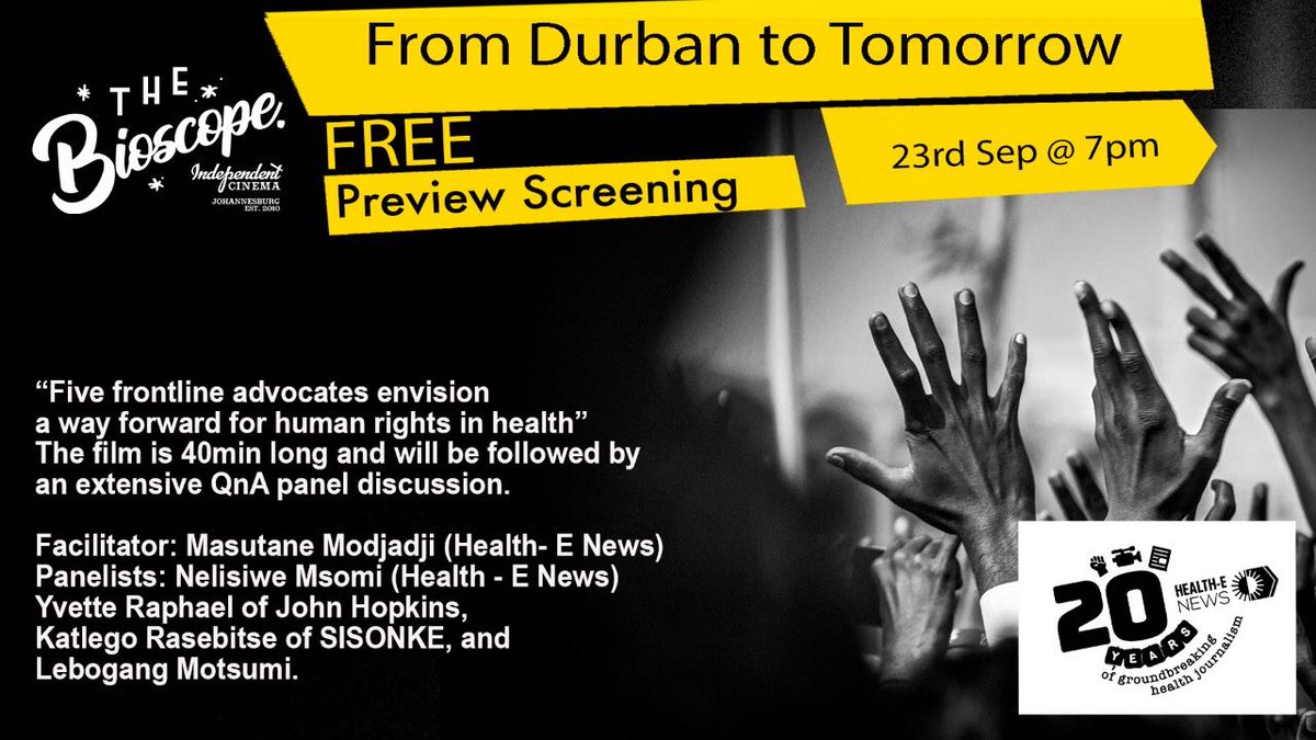 HealtheNews's tweet photo. FREE MOVIE SCREENING: Join Health-e in collaboration with @SunshineCinema as we take a look at the historic 2000 Durban AIDS Conference to the future of the #HIVMovement. https://t.co/LAHYBxOmRi
