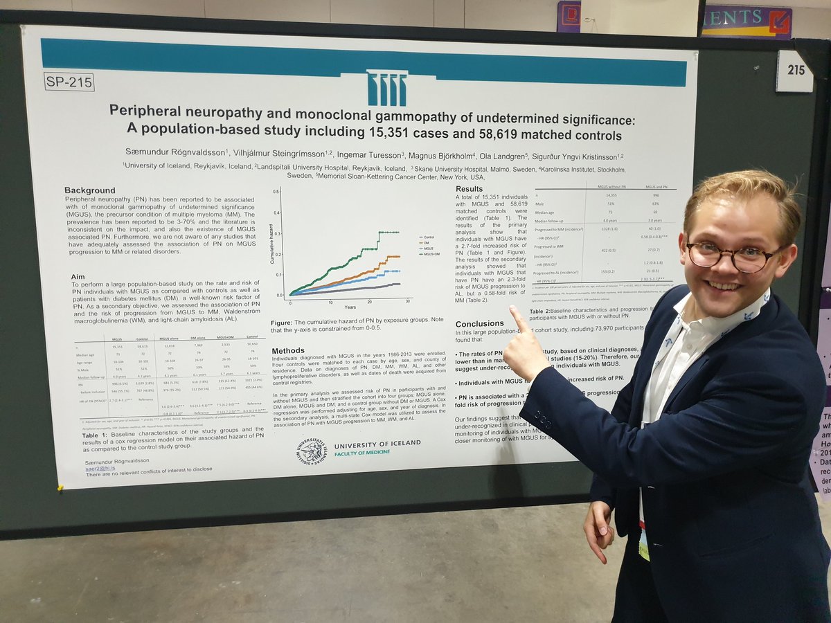 <a href="/SaemundurMD/">Sæmundur Rögnvaldsson, MD, PhD</a> presents data on peripheral neuropathy (PN) in MGUS. A total of 6.5% have PN reflected in 2.7-fold risk compared to controls. MGUS w/PN are at a high risk of amyloidosis. Poster #215. Currently validating in #iStopMM #IMW19 <a href="/DrOlaLandgren/">C. Ola Landgren, M.D.</a>