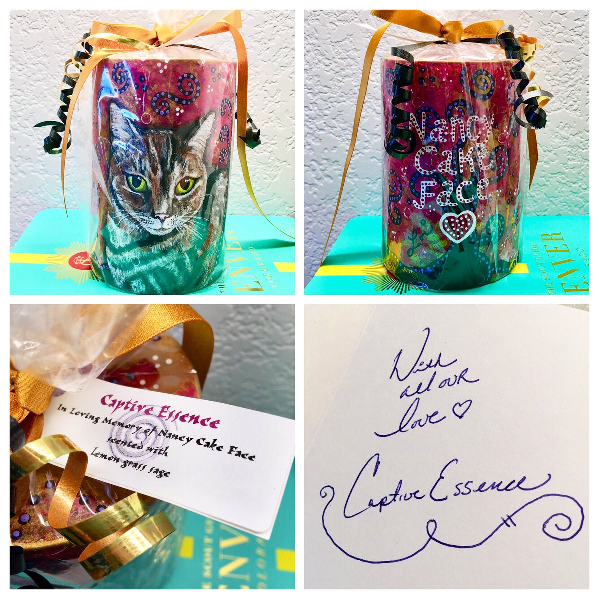 .A big thank you to all who were part of this beautiful tribute candle with the portrait of my darling Nancy! Sadly, there weren’t any names included-probably too many to fit on the card! I am blessed that NCF was loved by so many! #celebratingNancyCakeFace #NCFhugs 😽💋💋💫