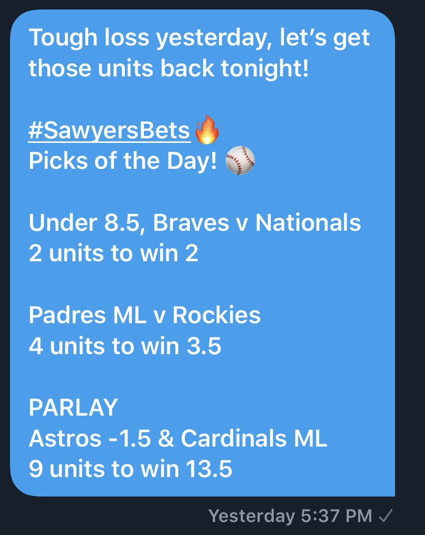 A nice 2-1 day yesterday for a profit of +11.5 units! 💵 

Don’t miss out on today with CFB bets being sent out in the next 30 minutes! 🏈 

DM me if you would like to win some easy free cash today! 

#SawyersBets🔥