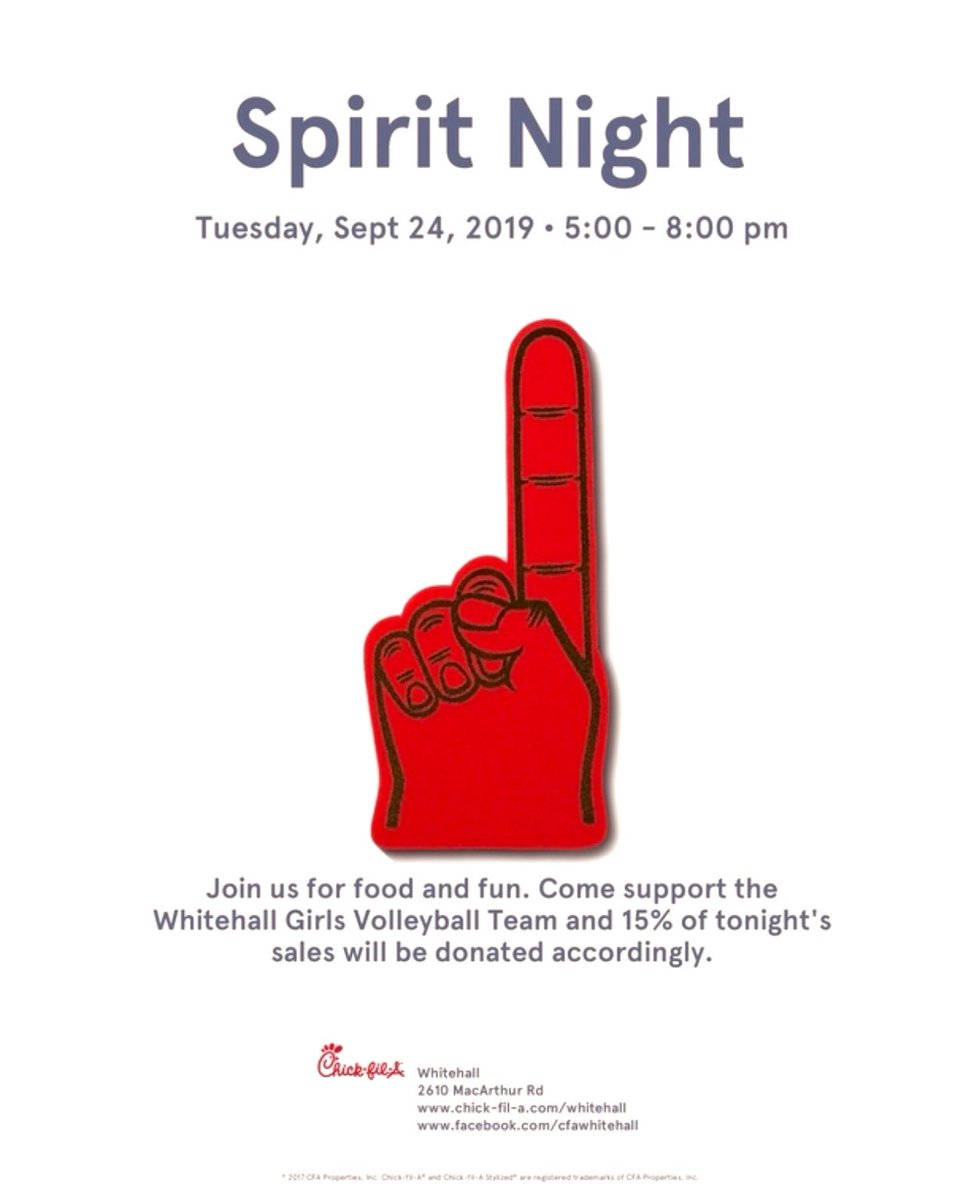 Chick-fil-a Fundraiser! 

🏐 Tuesday, September 24
🏐 5-8pm
🏐 Support Whitehall Girls Volleyball