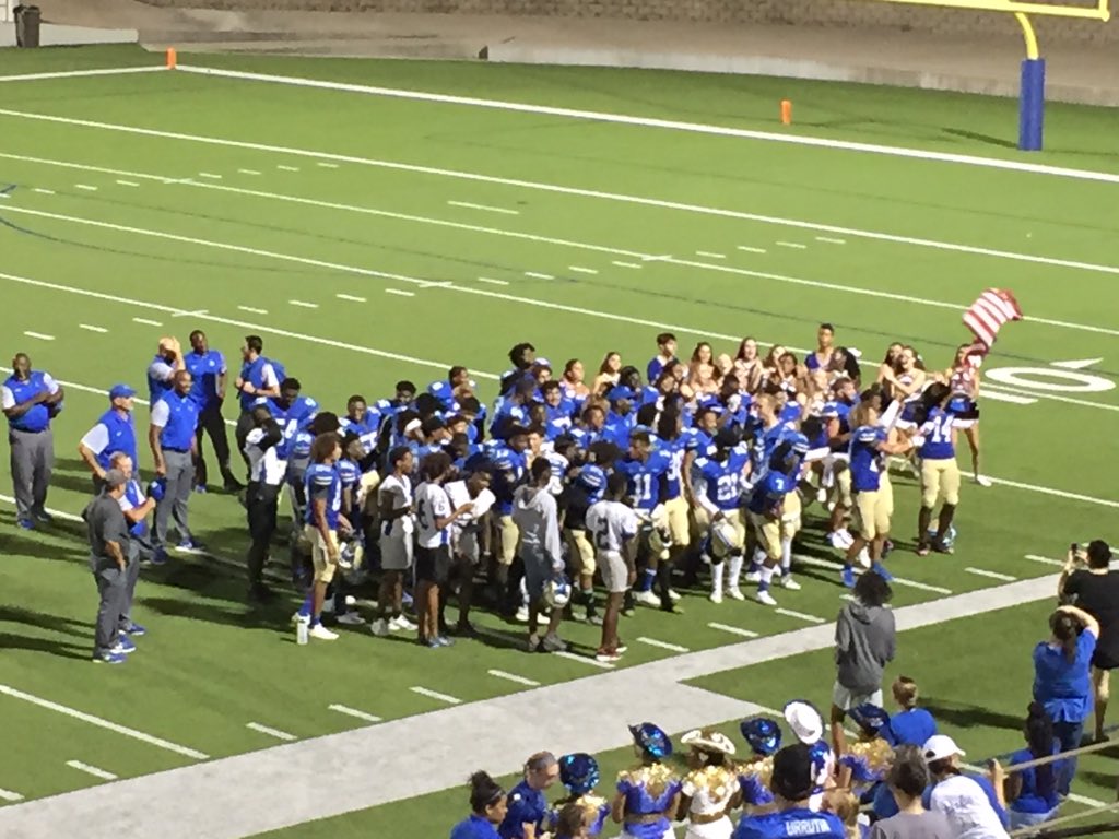 Great time cheering for the <a href="/LCHS_Patriots/">Lakeview Centennial Patriots 🎓</a> football team.  Loved seeing <a href="/saincilaire/">Coach Ant Saincilaire</a> coach.  <a href="/LCHS_Patriots/">Lakeview Centennial Patriots 🎓</a> won in overtime!  Go Patriots!