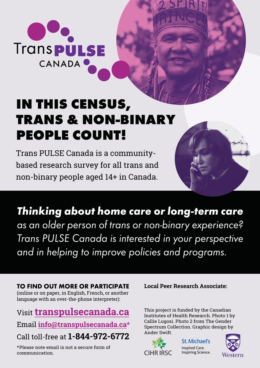 transpulseca's tweet photo. #trans and #nonbinary people get older too! #TransPULSECanada is a national community-based research survey including questions specific to older trans and non-binary people. For more about the survey or to participate (online, on paper, by phone) visit https://t.co/PyKkh1WUqv https://t.co/kA7LJaMEgT