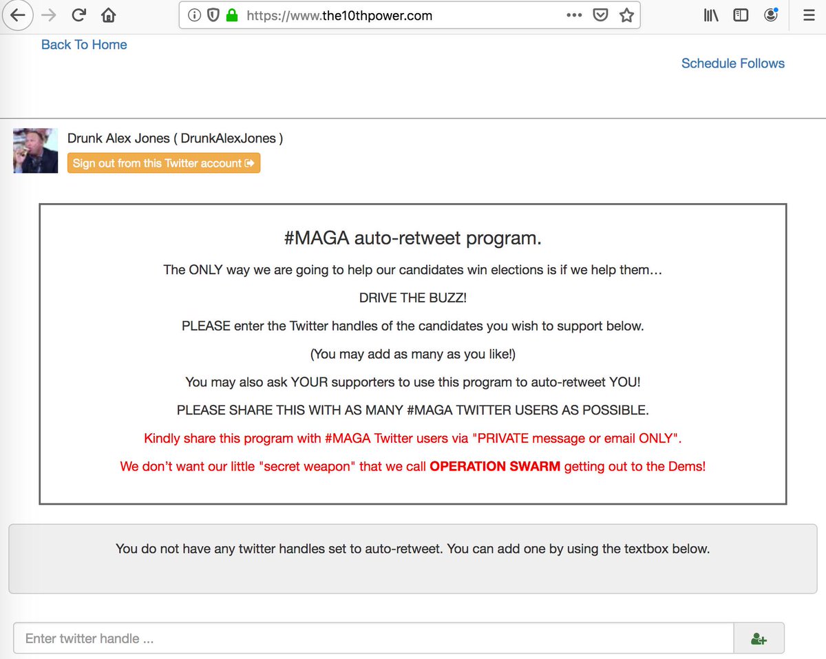 Power10 is a tool that automatically retweets accounts of your choice. It requests pretty comprehensive access to your account, so we had  @DrunkAlexJones try it in a controlled environment. (It also has a bulk follow feature, which Alex did not test due to fear of breaching TOS.)