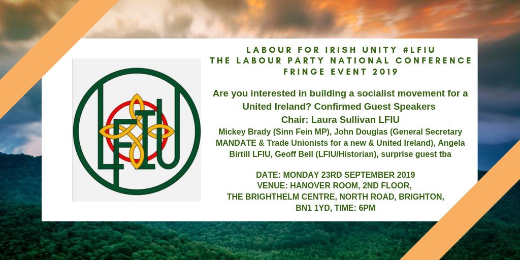 LFIU2019's tweet photo. Join us at @UKLabour national conference fringe event, Mon 23rd Sept 2019, 6pm, accessible venue The Brighthelm Centre, Brighton, BN1 1YD. #LFIU building a socialist movement for a United Ireland, email: labourforirishunity@gmail.com
@MickeyBradySF @AngieBirtill #UnitedIreland https://t.co/wwcnH5XeYu