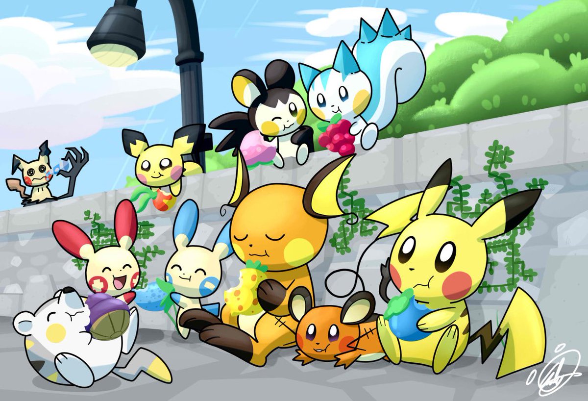 Raichu And Mimikyu Hanging Out And Eating Together With Plusle Minun Pachir...