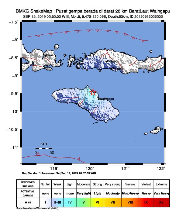 infoBMKG's tweet photo. #Gempa Mag:4.5, 15-Sep-19 02:52:03 WIB, Lok:9.47 LS, 120.09 BT (Pusat gempa berada di darat 28 km BaratLaut Waingapu), Kedlmn:53 Km Dirasakan (MMI) III-IV Matawai, III-IV Padadita #BMKG https://t.co/wvdlr8AIMp