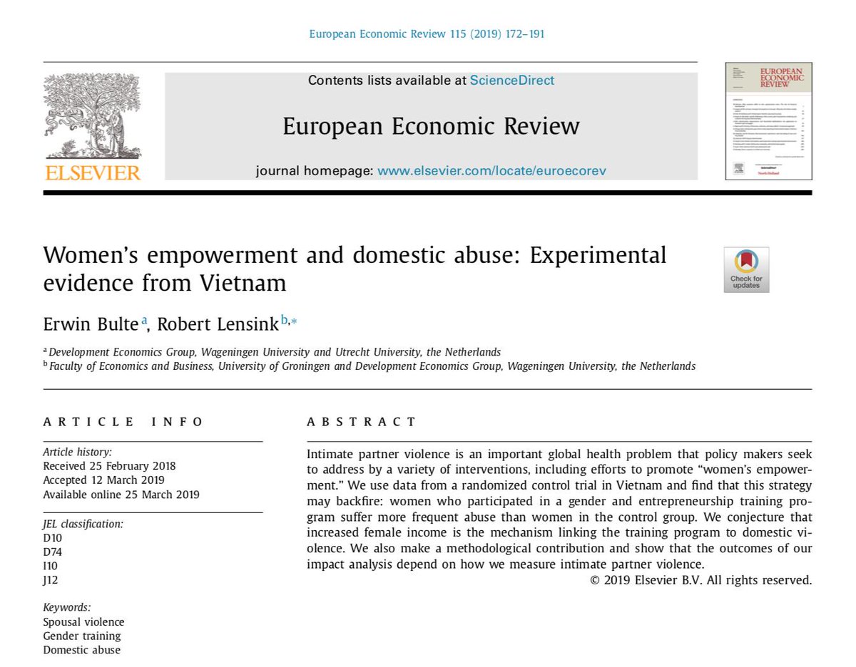 Does improving #empowerment for women always reduce 
#domesticviolence? Experimental evidence from #Vietnam by Bulte and Lensink shows adverse causal effects that women exposed to an entrepreneurship program are more likely suffered from domestic #abuse. 
doi.org/10.1016/j.euro…