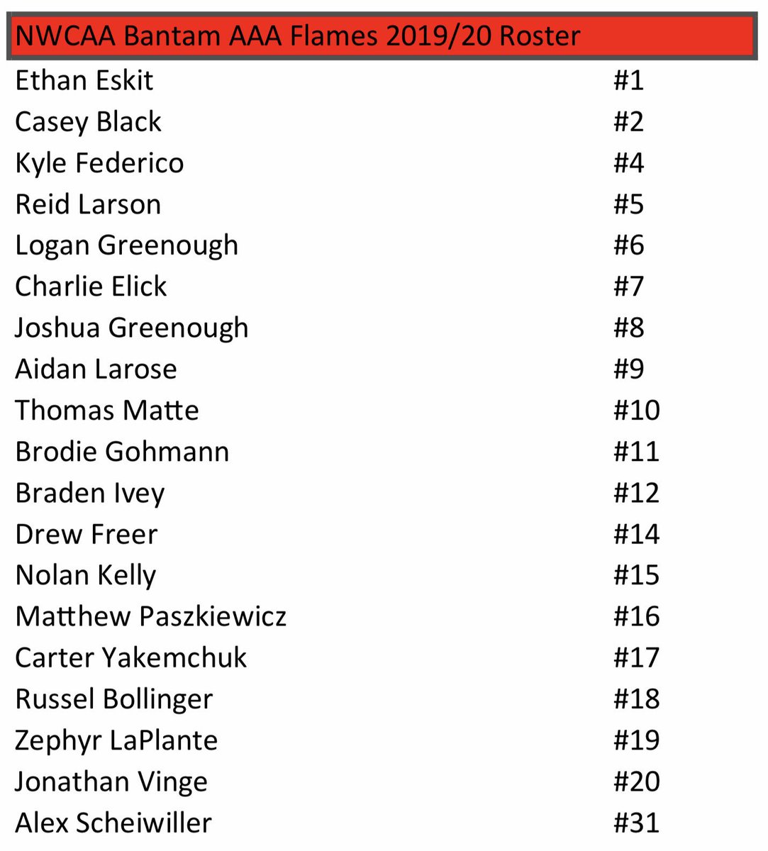 Your NWCAA Bantam AAA Flames 2019/20 Roster