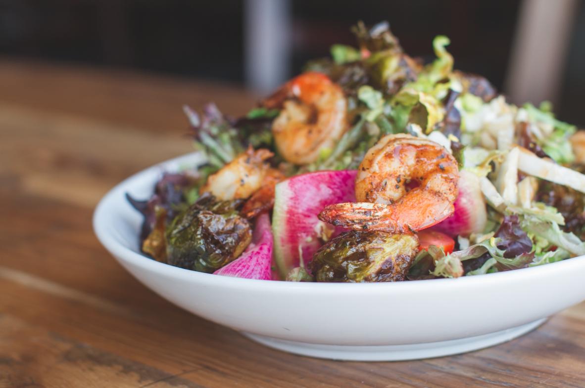 thefoxandturtle's tweet photo. With a sesame ginger dressing, sweet chili brussel sprouts and watermelon radishes, our Thai shrimp salad is a work of art. https://t.co/IUXgP49l7U