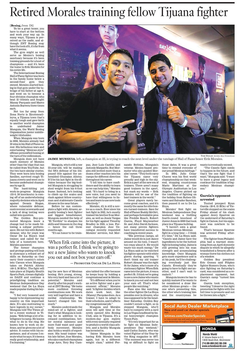 I traveled to Tijuana to see how Erik Morales plans to reshape Jaime Munguia's career. The Mexican legend is rebuilding Munguia in the drab gym he was born in, steps away from drug activity and brothels. My feature story for @LATimesSports latimes.com/sports/story/2… #Boxing