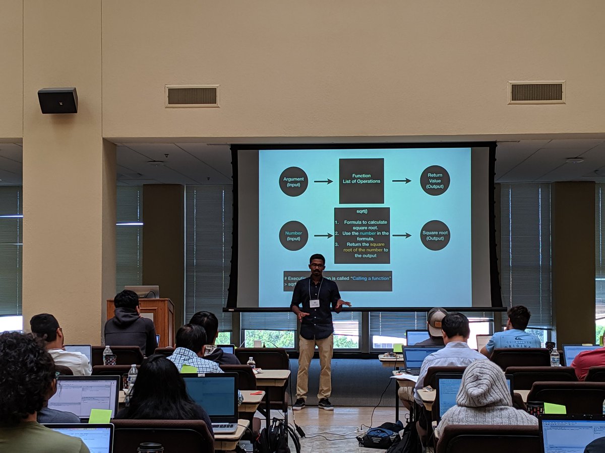 UTAcarpentries's tweet photo. One of our instructors, Balan, explains how to write commands in #R. https://t.co/Y0GO0RUvS7