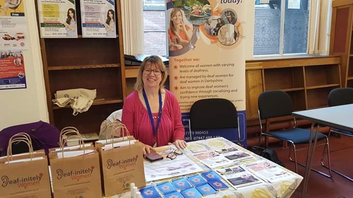 DeafinitelyW's tweet photo. Janet Mellor and Suzanne Sims was in Derby Old Library today promoting Deaf-initely Women as part of @DSignfest week #deafinitelywomen #Deaf #HardofHearing #BSL #Derbyshire #DerbySignFest #CharityUK https://t.co/3iYUCh8j9T