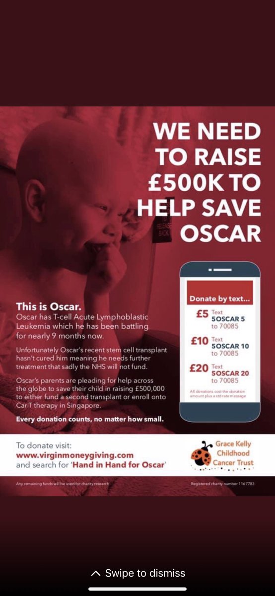 HandinHandforOz's tweet photo. Imagine being told, after months of relentless, brutal treatments that you are out of options for your son on the NHS and your only hope is to raise 
£500k for treatment abroad... time isn’t on our side. We must raise this money to save oscars life. Please RT https://t.co/XrNhFzC9Ql