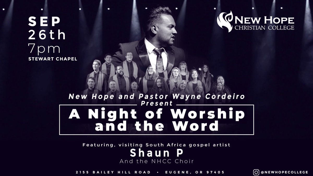 waynecordeiro's tweet photo. Very excited for Shawn P from South Africa being with us at New Hope Christian College September 26th! Join us for this free worship concert: 2155 Bailey Hill Rd  in Eugene, Oregon! https://t.co/D67xGy1wl4
