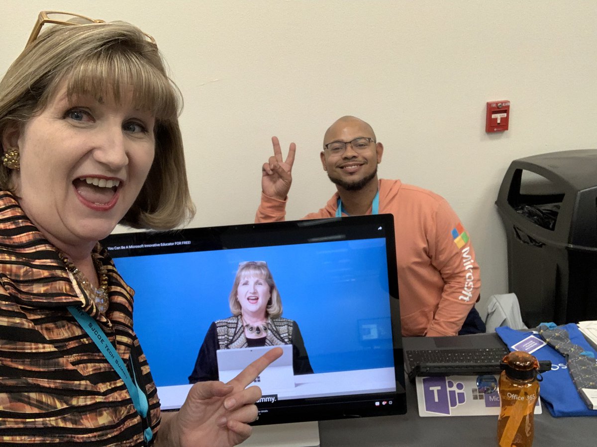 TammyDunbar's tweet photo. At the @MicrosoftEDU booth at #sjcoetechsummit : “Let us show you a cool video with an #MIEExpert named Tammy.” Me: “That’s ME!!” Reply: “Whaaaat? We need a picture!” #Proudtobemusd #NCCEchat @Edtothemax @RobynHrivnatz @Catalyst4EDU https://t.co/6FRskOiXlb