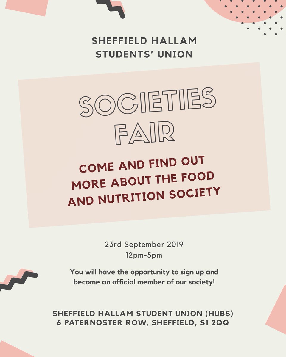 shu_fans's tweet photo. Come and visit our stall at the @hallamunion Societies Fair on 23rd September at 12-5pm. You will have the opportunity to sign up as an official member for our society for 2019/20! See you there!!๐ค
.
.
#sheffieldhallam #shsu #shu #societiesfair #shufoodandnutrition https://t.co/paxByRsjUz
