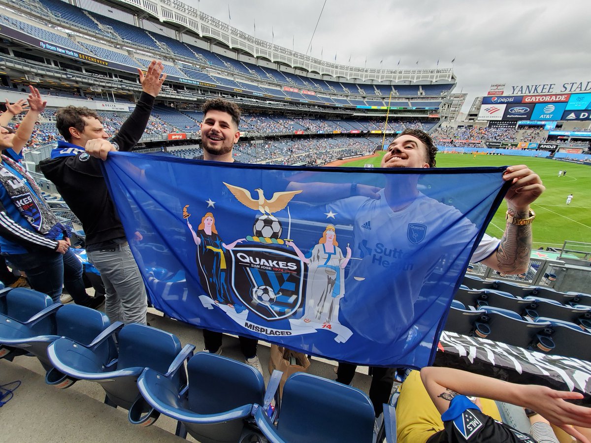 StuInSF's tweet photo. At Yankee Stadium, @Misplaced74_NY in the house and representing. #Quakes74 #VamosSJ #NYCvSJ @SJEarthquakes @mls #mlsroadtrip https://t.co/WJfMVPnsxO