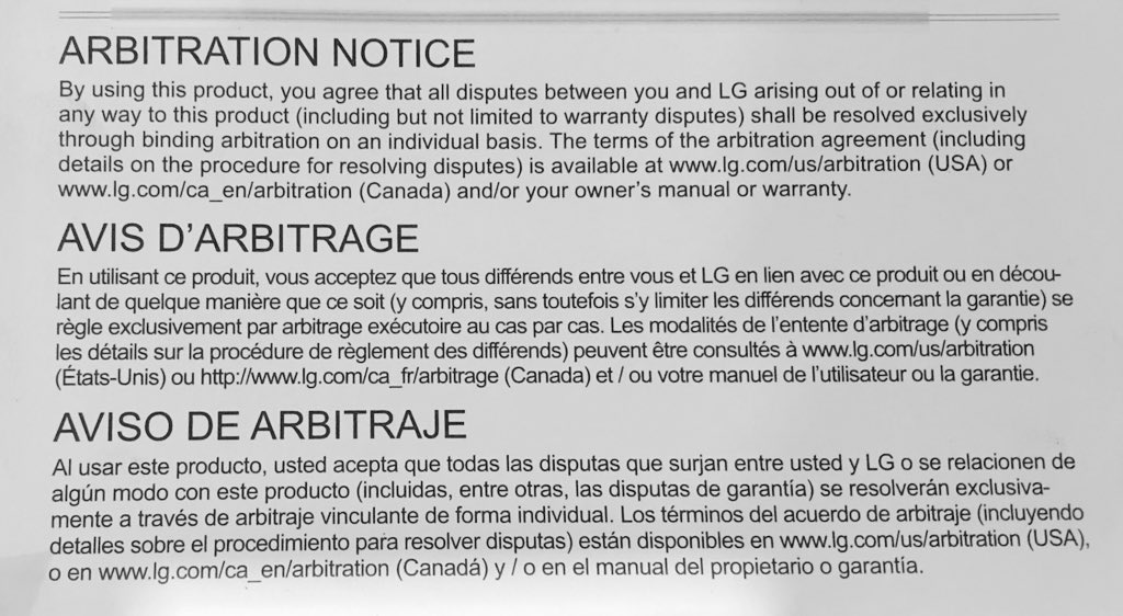 williameadie's tweet photo. By failing to respond to this tweet, you — @LGUS — agree this arbitration notice is rejected, null, and void, and that you will stop trying to force consumers into unfair practices by sticking something on the outside of a product they bought. #ForcedArbitration @JusticeDotOrg https://t.co/Y8YhGEx4Q2