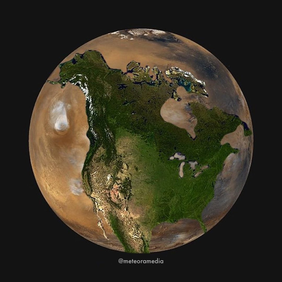 MeteoraMedia's tweet photo. North America compared to the surface of #Mars. You sure you can’t just teleport us there @elonmusk? https://t.co/e9X90UbTUL