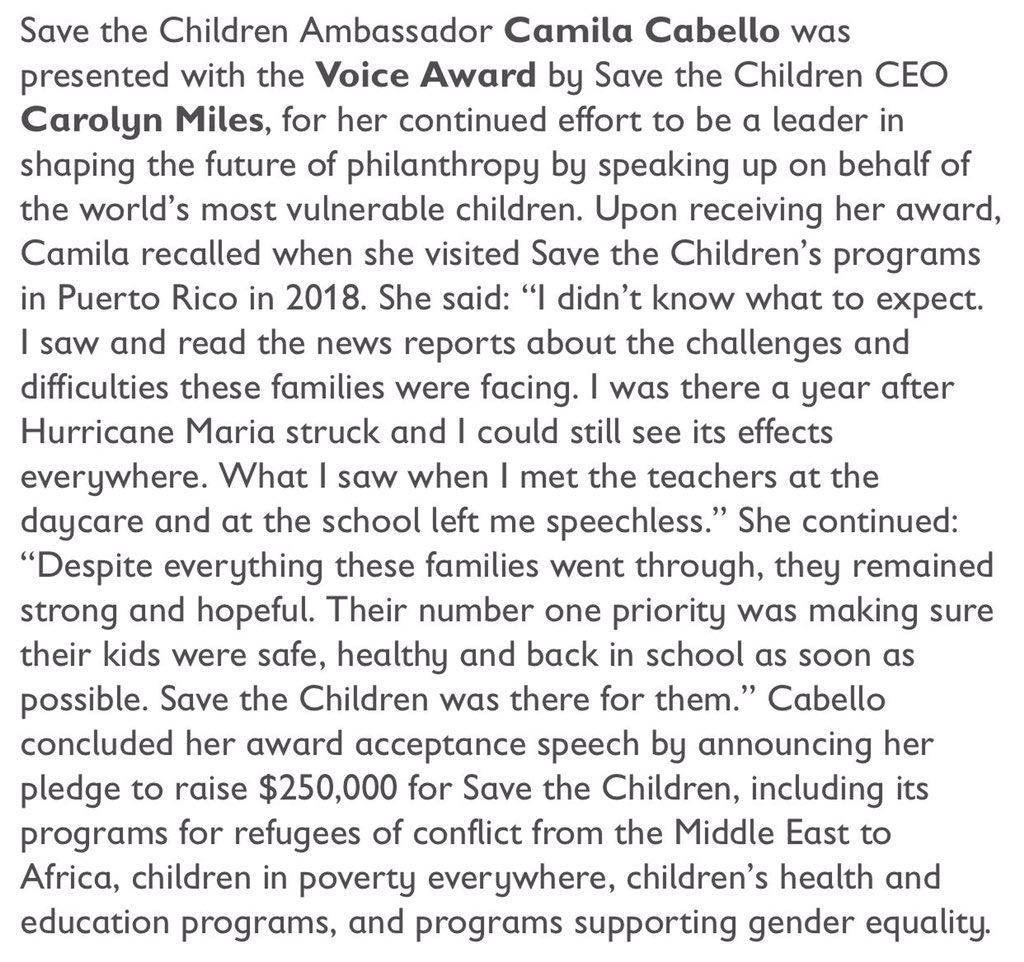 Camila pledge to raise $25,000 for organizations who help conflict refugees, children in poverty, children’s education and health programs, and programs that support gender equality.