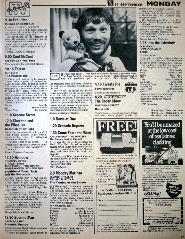 woodg31's tweet photo. TV📺14/9/81 ITV 
4.45:Into the Labyrinth 
5.15:Worzel Gummidge 5.45:News 6.0:Regional News 
7.0:The Krypton Factor 7.30:Coronation Street 8.0:Never The Twain 8.30:Jonathan Dimbleby 9.0:East of Eden 10.0:News 10.30:East of Eden https://t.co/u7MU204jMc