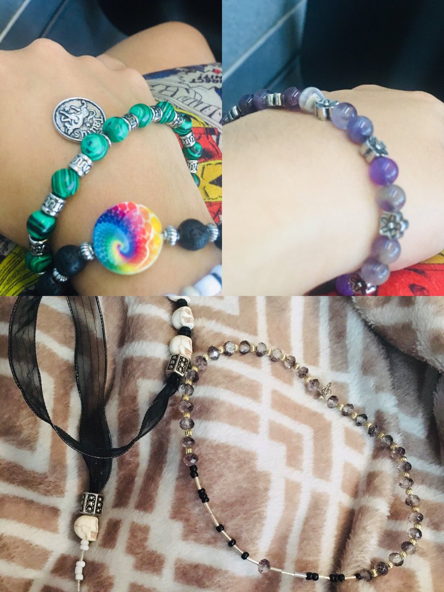 Here’s a collage of everything I’ve purchased from  @BakedBeauty420_! A couple of bracelets, a choker and bookmark that says “fuck off” in Morse code 