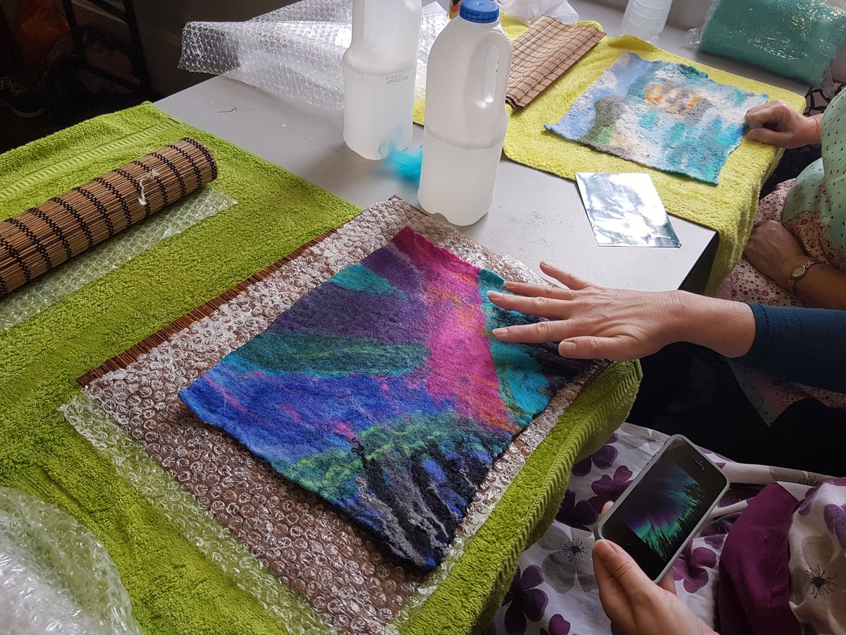 FeltSteph's tweet photo. Fabulous ideas, colours, textures and movement in the work made at my wet felting workshop this morning @traenerhus #Hull #creative #craftinhull #feltworkshop https://t.co/wp2yWBa3X4