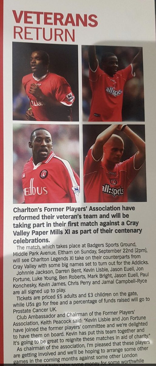 NEXT SUNDAY...

With both teams celebrating centenary achievements this month, we would love for you to join us⚽️ 

Fun Day • Meet the Players • Food &amp; Drink • Live Football • Music

#CrayValleyPM #100YearsOfCray #100YearsAtTheValley #CharltonFc #CharityMatch