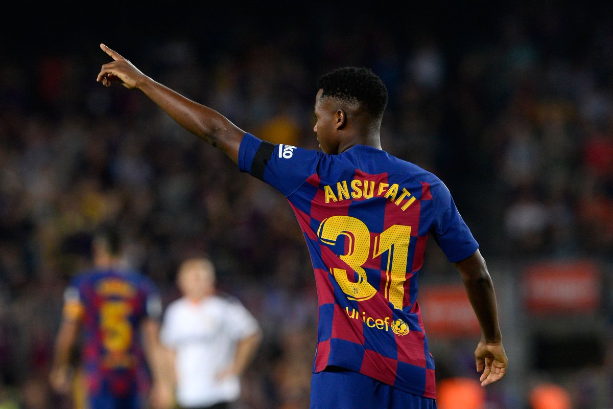 BleacherReport's tweet photo. 16-year-old Ansu Fati has a goal and an assist in less than 10 minutes 🔥 https://t.co/N5Lf9QGAsT