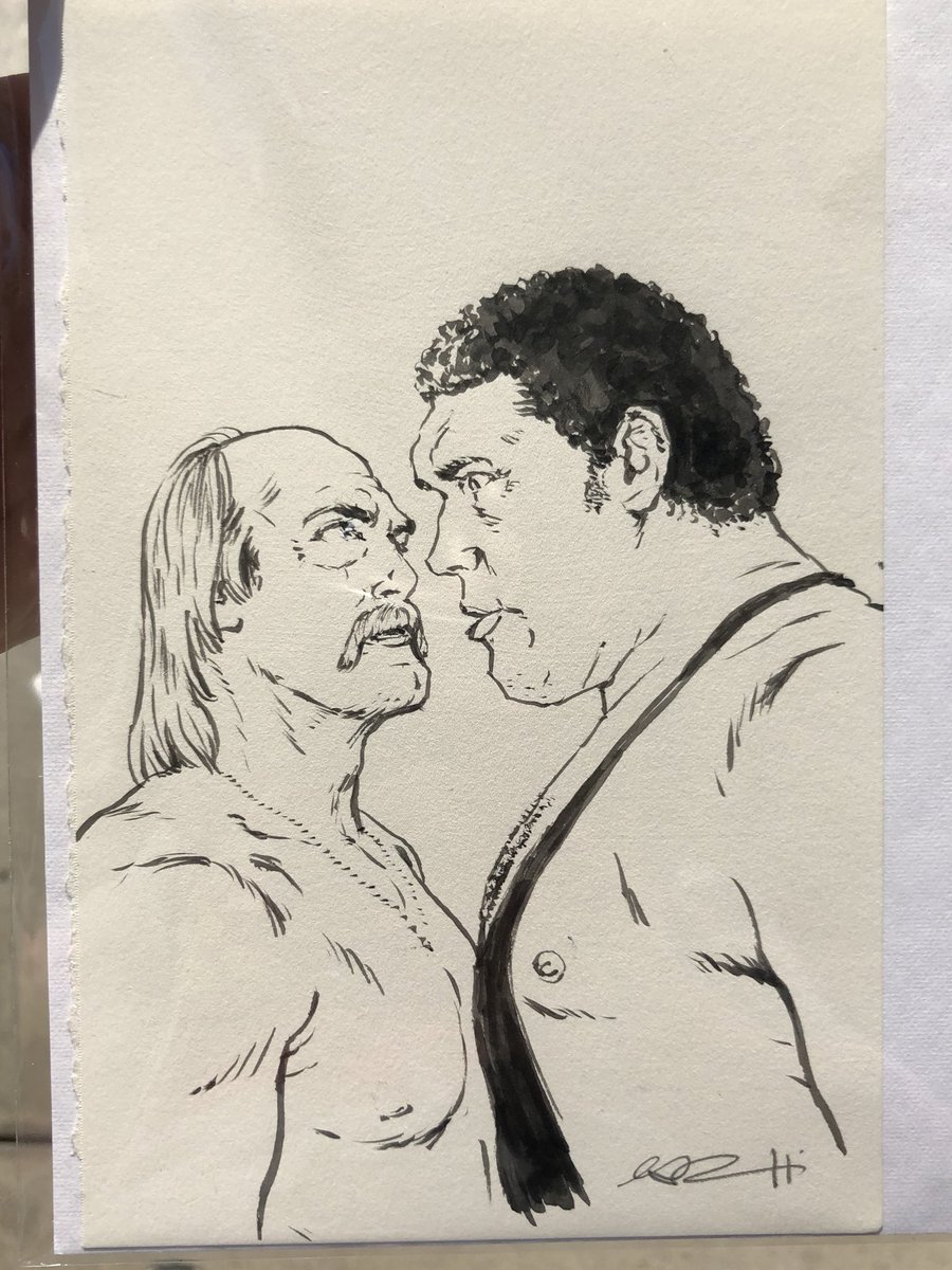 TheBlotSays's tweet photo. Pretty pumped I was able to get this Hogan vs Andre WWE original art from @GhoulishGary this morning! He had some insane horror & wrestling drawings at his MondoCon table today.
#GhoulishGary #GaryPullin #WWE #HulkHogan #AndreTheGiant #mondo #mondocon #mondocon5 #mondocon2019 https://t.co/QVVsHqJfkZ