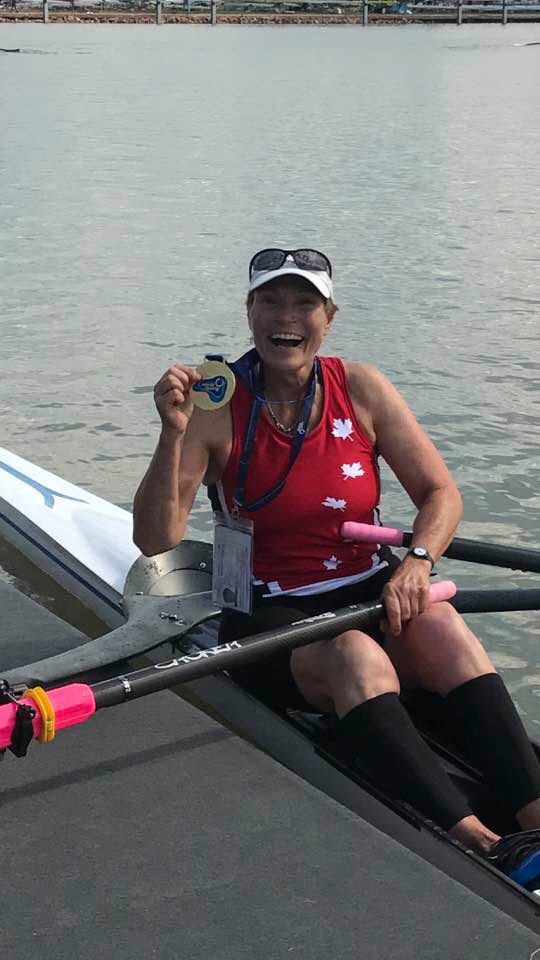 Yeahhhhhhh! Diana Morris of Gorge Narrows Rowing Club wins gold in women’s F1x at the Master’s World Rowing, Lake Valencia, Hungary.