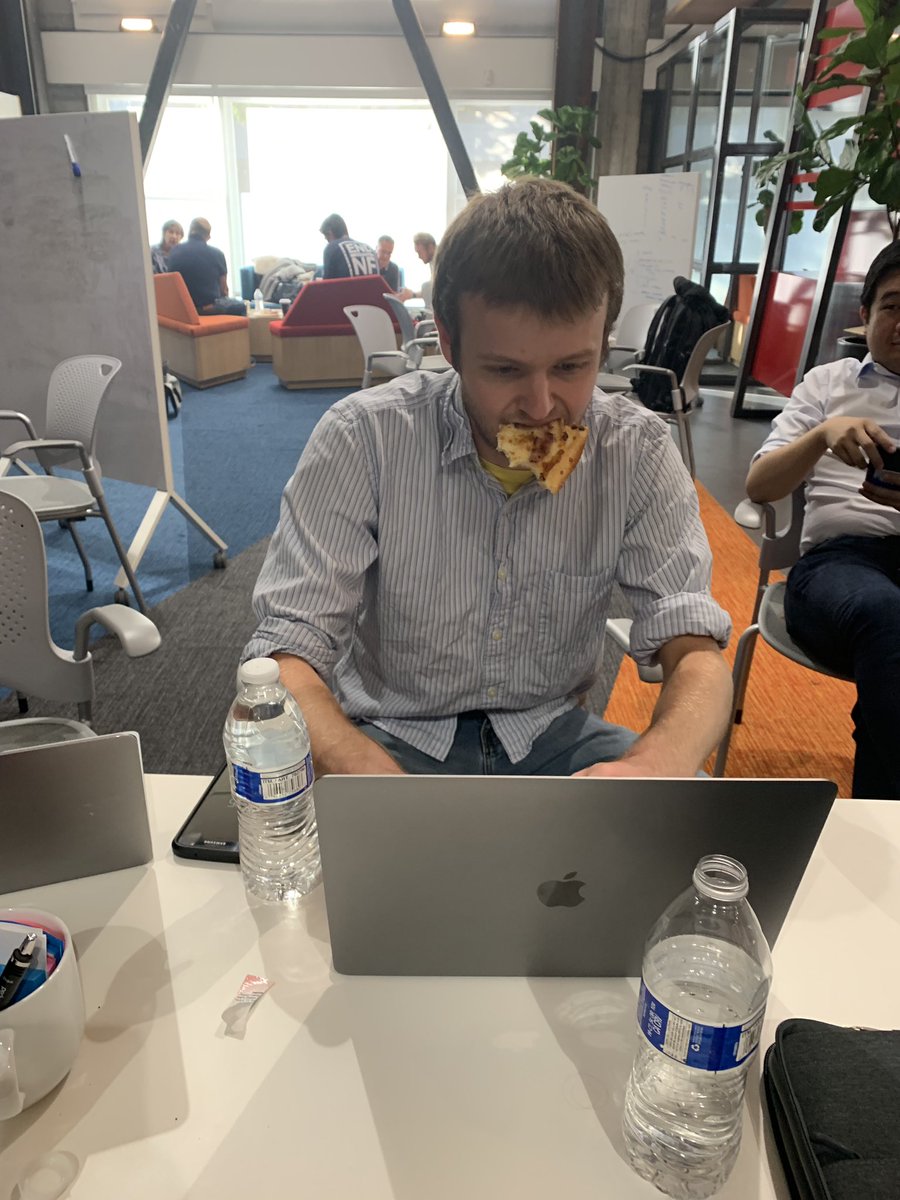 sargoshoe's tweet photo. It’s official, folks: Only 24 hours into the #hacknf2019 and @allawayr has become full on hacker. #welcometothedarkside #somuchpizza https://t.co/tG33CdmtBc