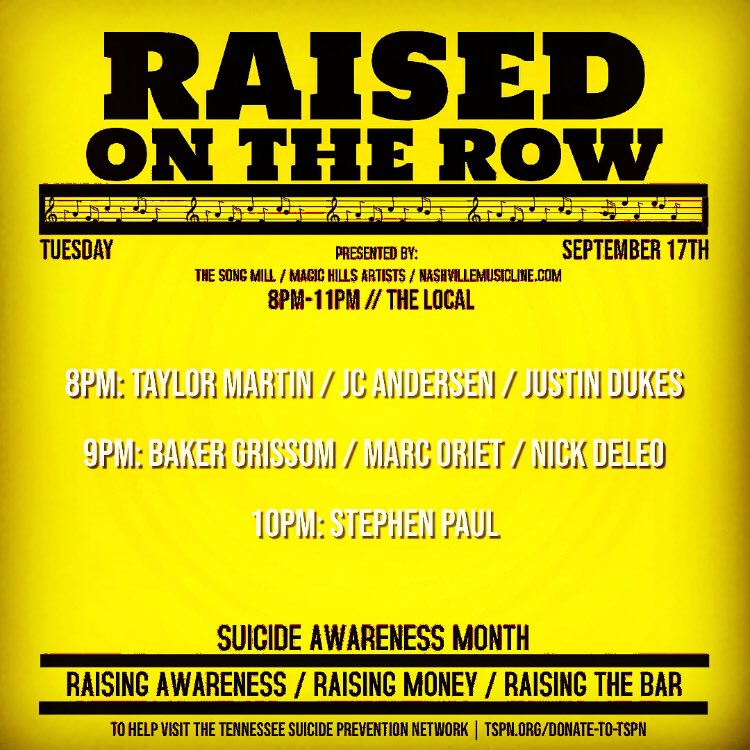 ArtistsMagic's tweet photo. Come out to The Local Tuesday night September 17th 8-11! We’re raising money for The  Tennessee Suicide Prevention Network!! #SuicidePrevention #September #SuicideAwarenessMonth #SuicideAwareness #songwriters #livemusic https://t.co/xUxspKaI6L