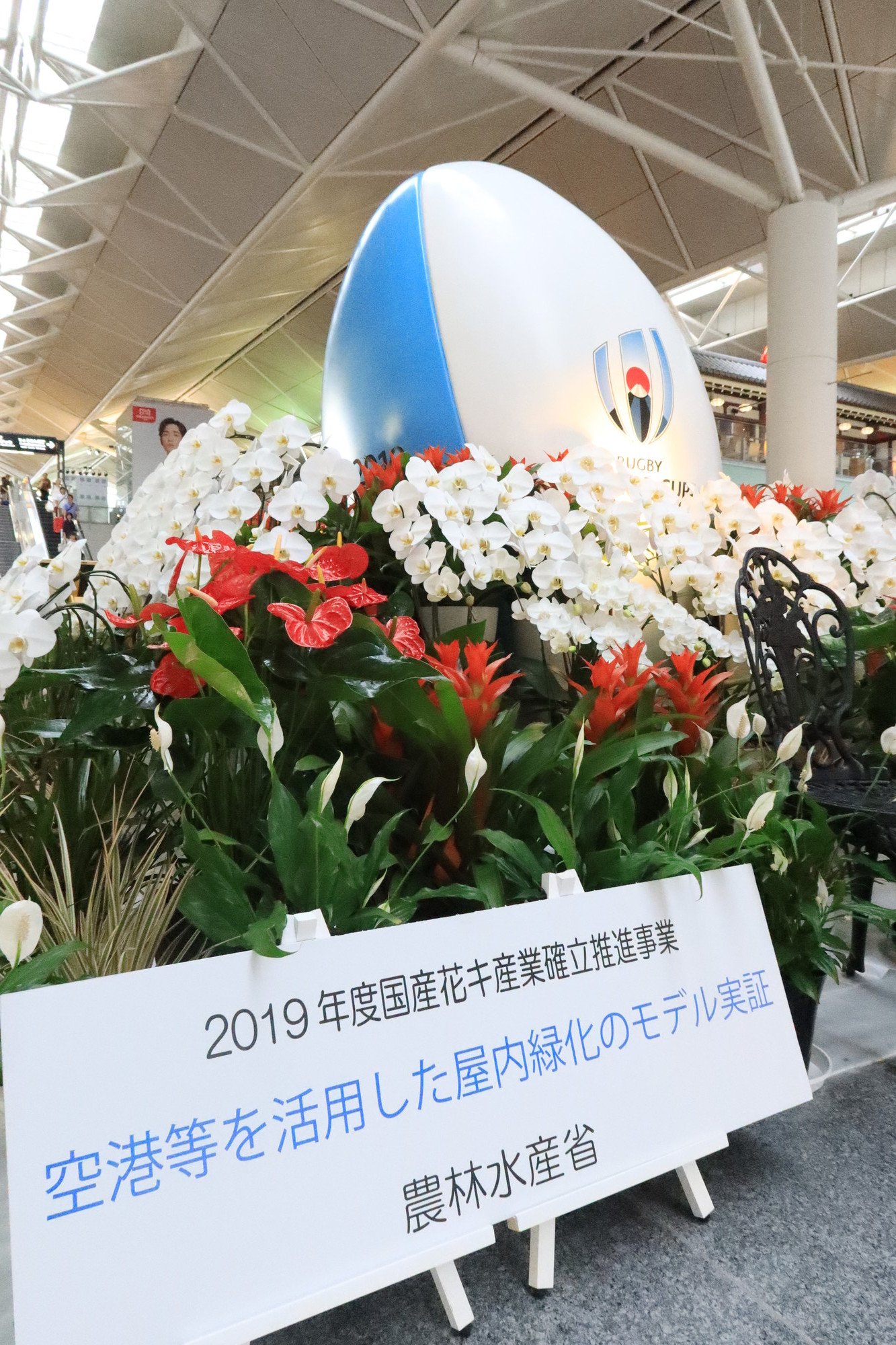 中部国際空港セントレア ラグビーw杯開幕まであと５日 こんにちは セントレアです 9 はセントレア第２ターミナルオープン日ですが日本で初開催のラグビーw杯の開幕日でもあります セントレア3階出発ロビーに設置された巨大モニュメントには愛知
